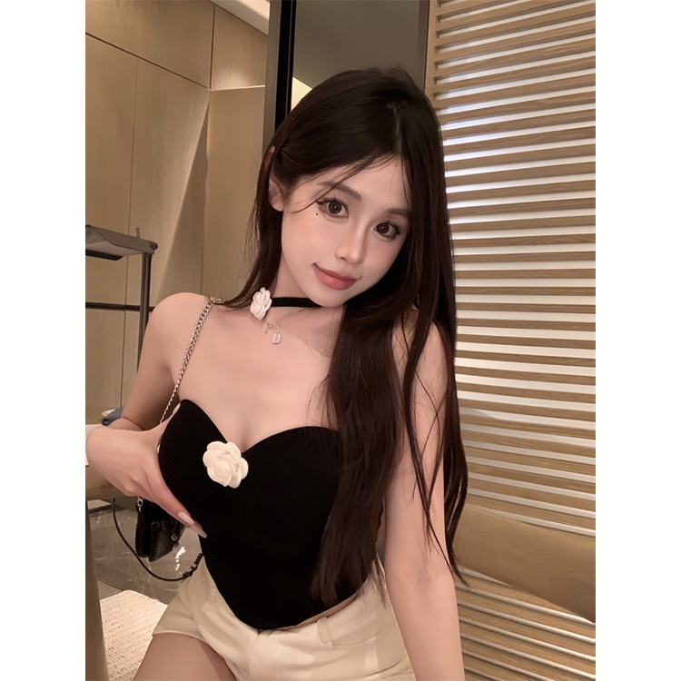 ☋Suhao hitam bunga tabung atas rompi perempuan musim panas hot gadis ramping dan seksi dengan dada pad inner memakai pendek top crop top sexy tank top wanita motif