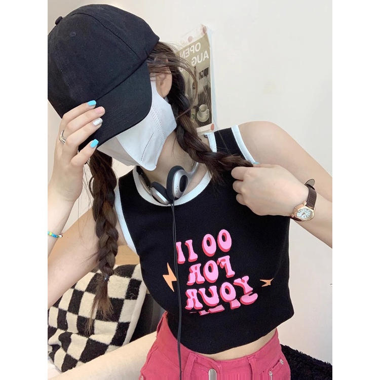 ♕◆Suhao biru manis babes kamisol wanita musim panas seksi huruf desain cetak slim fit pendek top crop top sexy tank top wanita motif