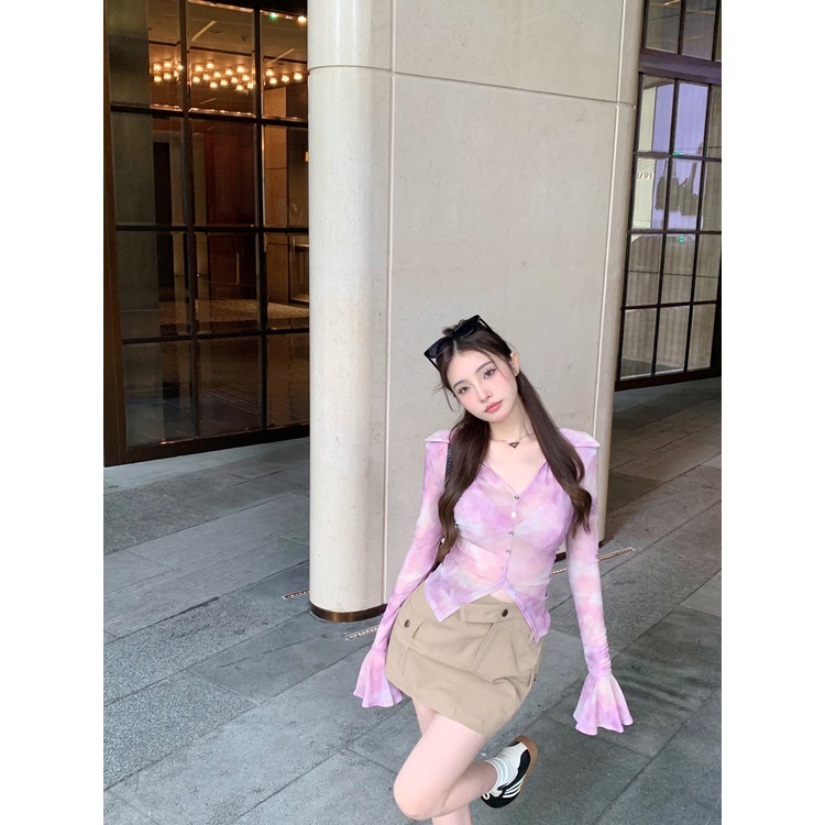 ❍℡☂Suhao Lengan Panjang Dicetak Tabir Surya Kemeja Wanita Musim Panas Slim V-Leher Seksi Kemeja Desain Rasa Niche Tipis Chic Top Crop Top Seksi tank Top Wanita Motif