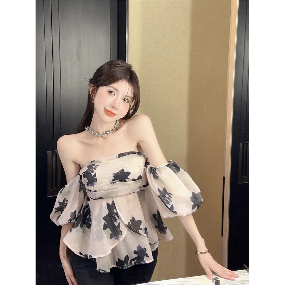 ✸Suhao Temperamen Dicetak One-Shoulder Tube Top Kemeja Wanita Musim Panas Puff Sleeve Pinggang Pendek Kemeja Desain Niche Atasan Crop Top seksi Tank Top Wanita Motif