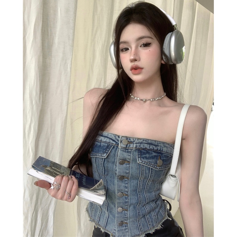 ┅✙✥Suhao Retro Denim Tube Top Rompi Wanita Musim Panas Budidaya Diri Seksi Di Dalam dengan Buka Kembali Pendek Niche Hot Girl atasan Crop Top Sexy Tank Top Wanita Motif