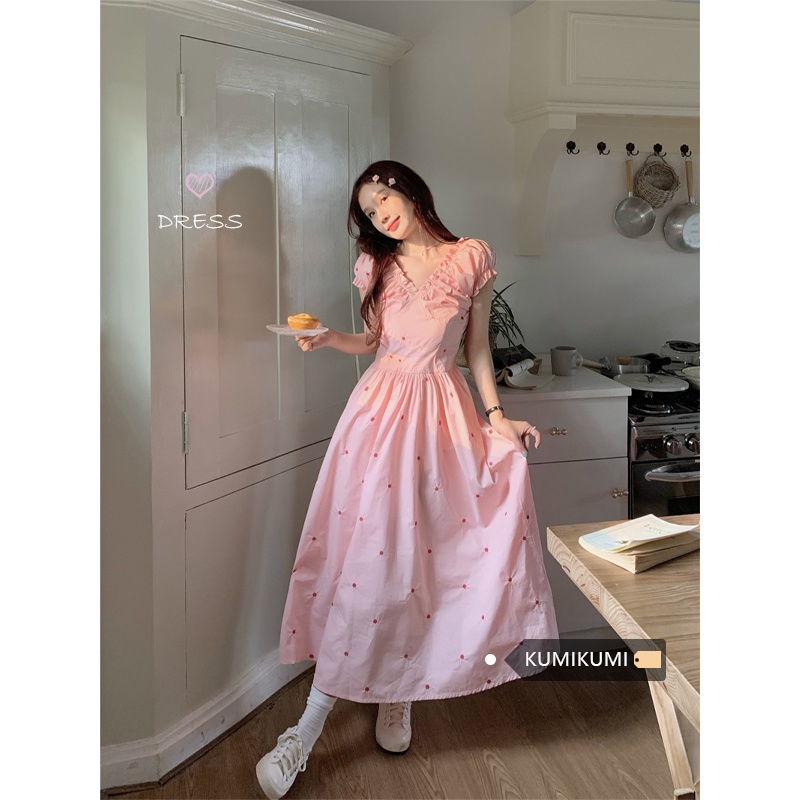 Red dreesTemperamen manis polka dot V-neck lengan pendek gaun wanita musim panas kayu sisi telinga pinggang A-line rok panjang sedang