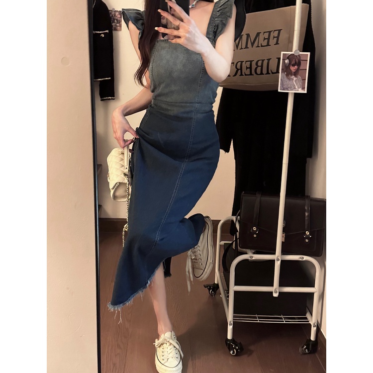 Red drees Fashion Gradien Rok Denim Kecil Terbang Lengan Suspender Gaun Wanita Musim Panas Bahasa Perancis Retro Celah Rok Panjang