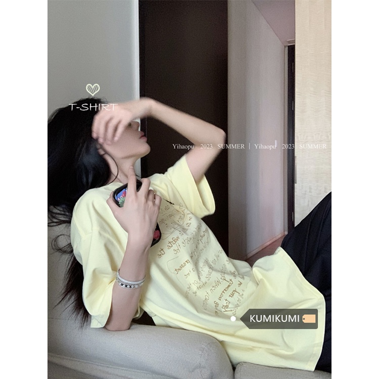 Red kaos Kuning Longgar Cetak Huruf Lengan Pendek T-shirt Wanita Musim Panas Rasa Desain Kembali Hollow Ketegaran Panjang In top