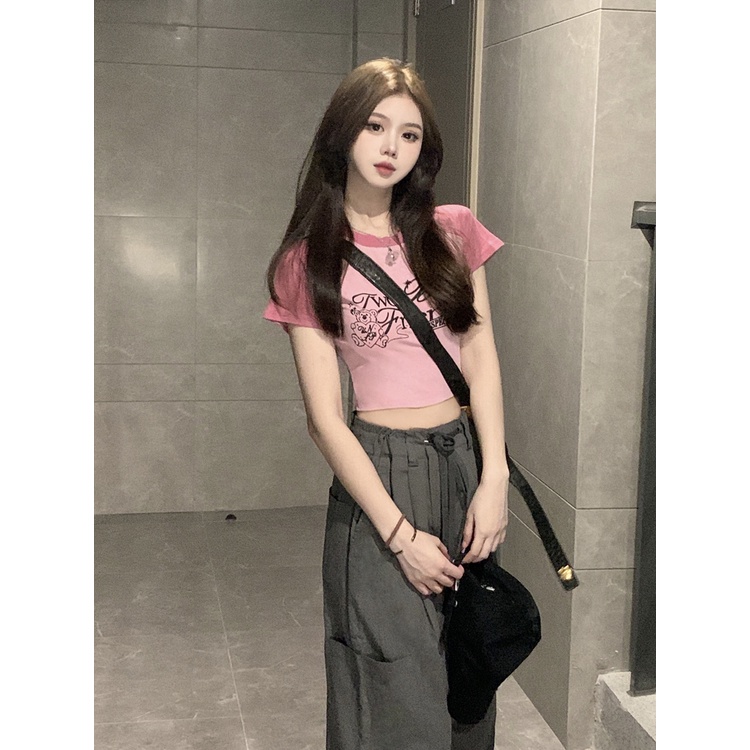 Red Fashion slim suit pink lengan pendek T-shirt top wanita kasual overall musim panas gadis dua potong tren