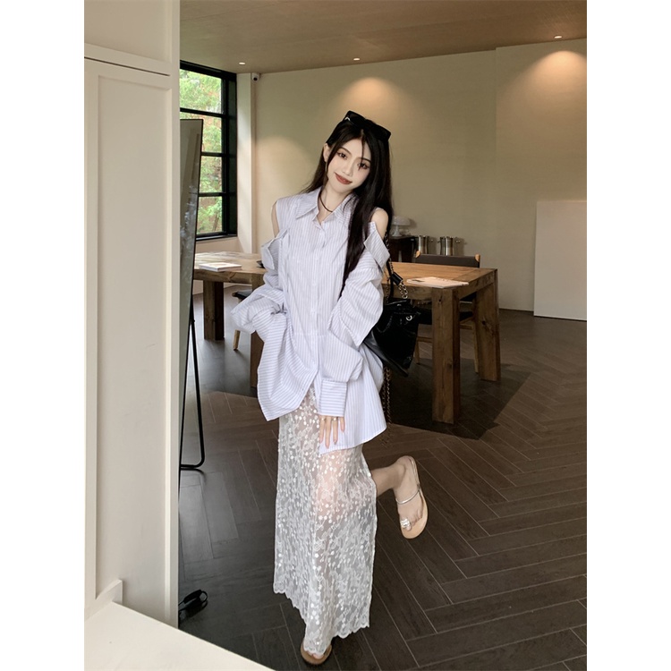 Red Fashion setelan kerah POLO bergaris tanpa tali lengan panjang kemeja wanita musim panas renda gaun dua potong set