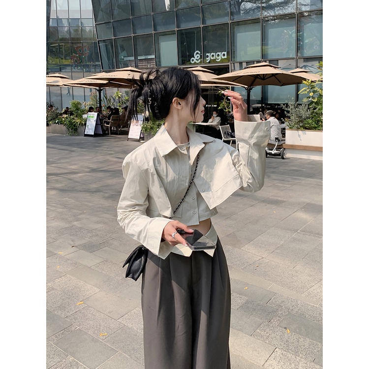 Red Temperamen retro tipis sesuai Polo kerah lengan panjang palsu dua potong kemeja musim semi wanita perapi celana kasual celana two-piece set