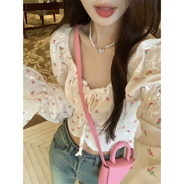 Red French sweet square collar shirt puff sleeve long-sleeve shirt women s summer design sense tie short small floral top