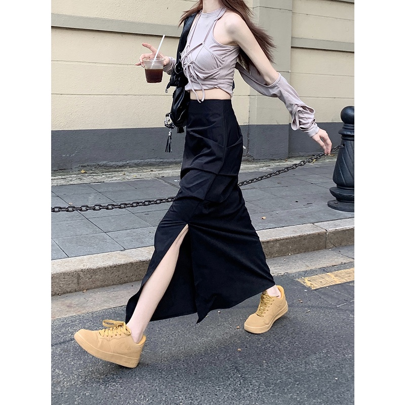 Red Rasa desain rok hitam wanita musim panas pinggang tinggi rok A-line tipis celah ceruk rok panjang rok perkakas rok