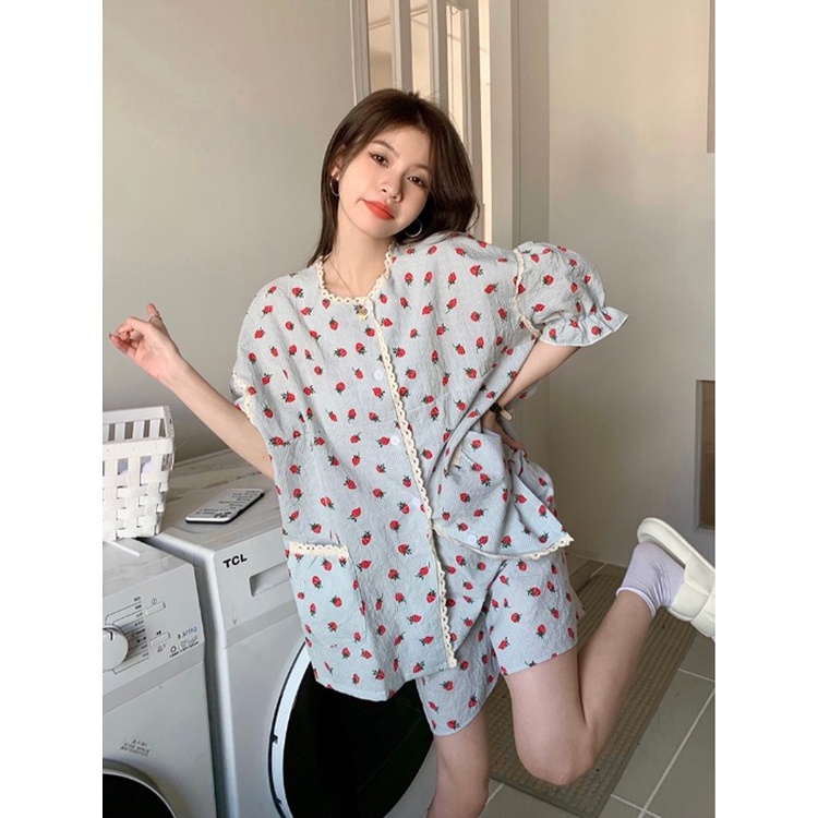 Red Strawberry Homewear Suit Wanita Jahitan Renda Longgar Piyama Musim Panas Kasual Celana Pendek Dua Potong Set