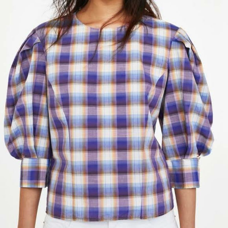 (NEW) ZARA WOMAN ATASAN PURPLE PLAID CHECKERED PUFF SLEEVE BLOUSE CROP KOTAK KOREA ORIGINAL