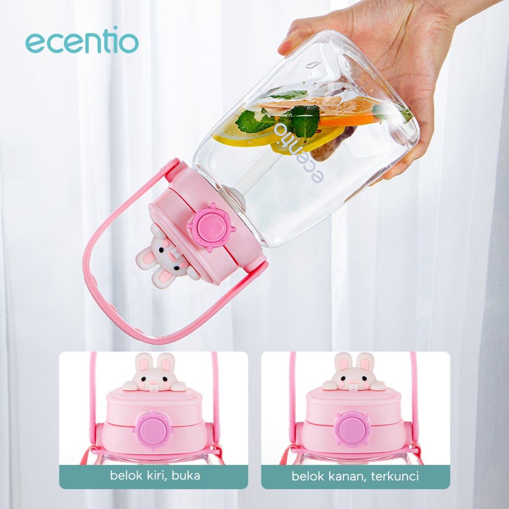 ecentio Botol tumbler Minum Anak Sedotan 1.2 L Lock Design Anti Bocor portable handle tali 3D Cartoon BPA FREE