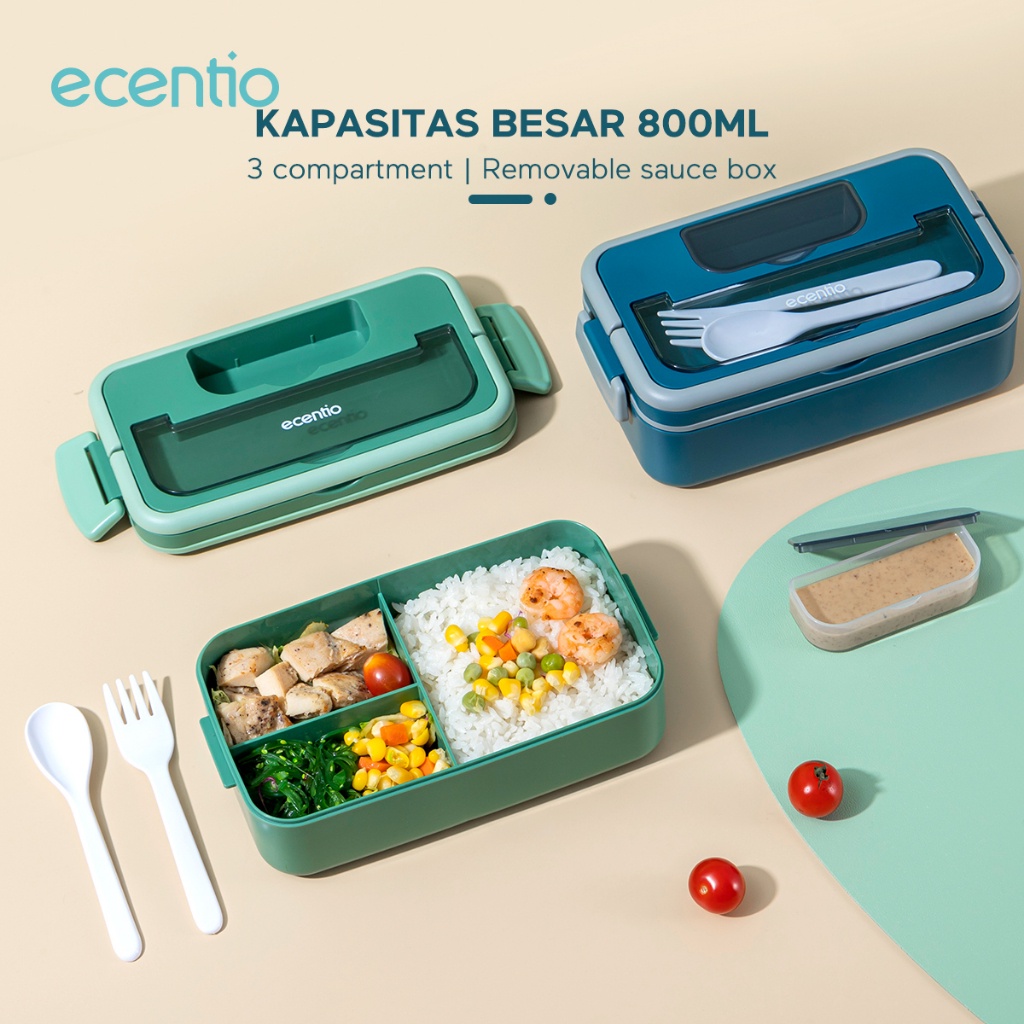 ecentio Kotak tempat makan single susun 800ml dan 40ml sauce 40ml Sauce Cup Sendok set container microwavable/lunch box single Layer/BPA free/Free Sendok