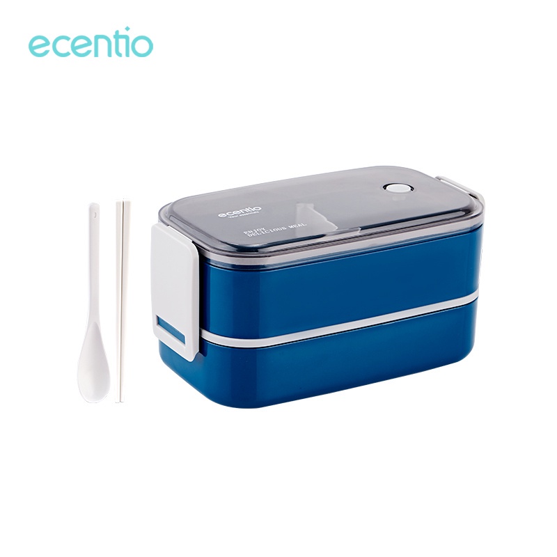 ecentio Kotak Bekal anti tumpah 1600ml Kotak Makan 2 susun Dark biru tempat makanan Double layer Bento lunch box set Free sendok&amp;sumpit warna