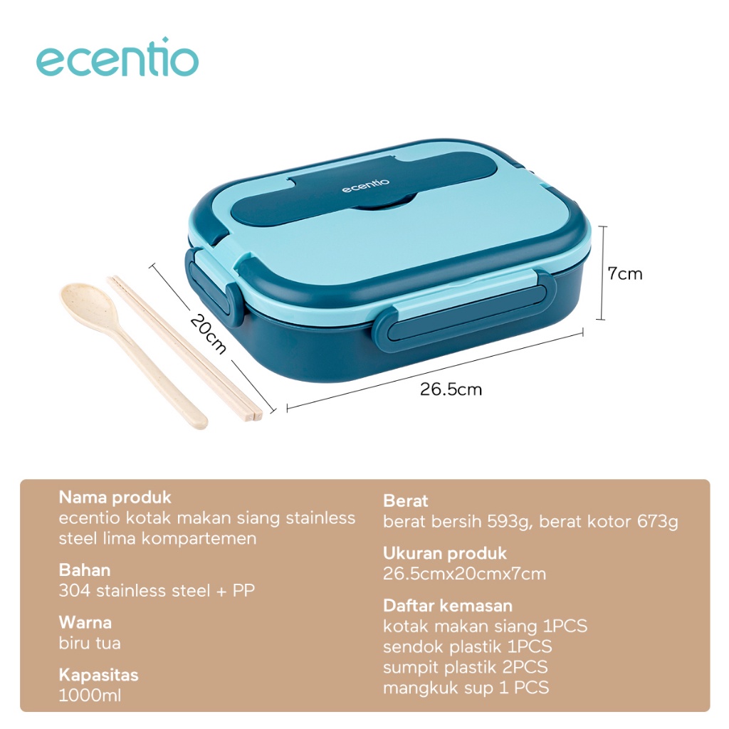 ecentio lunch box stainless 304 5 grid anti tumpah 1Lml food grade microwavable dan 200ml mangkok sup/free sedotan