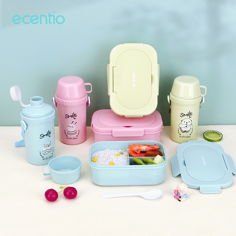 ecentio Kotak Makan Set anak 3 Sekat 650ml dan botol minum anak 450ml/biru/hijau/merah muda/Lunch box set anak 650ml +cangkir 450ml/Lunch Box Set 3 Grid Kotak Bekal Makan Botol Minum Free Sendok/tempat makan anak/BPA Free