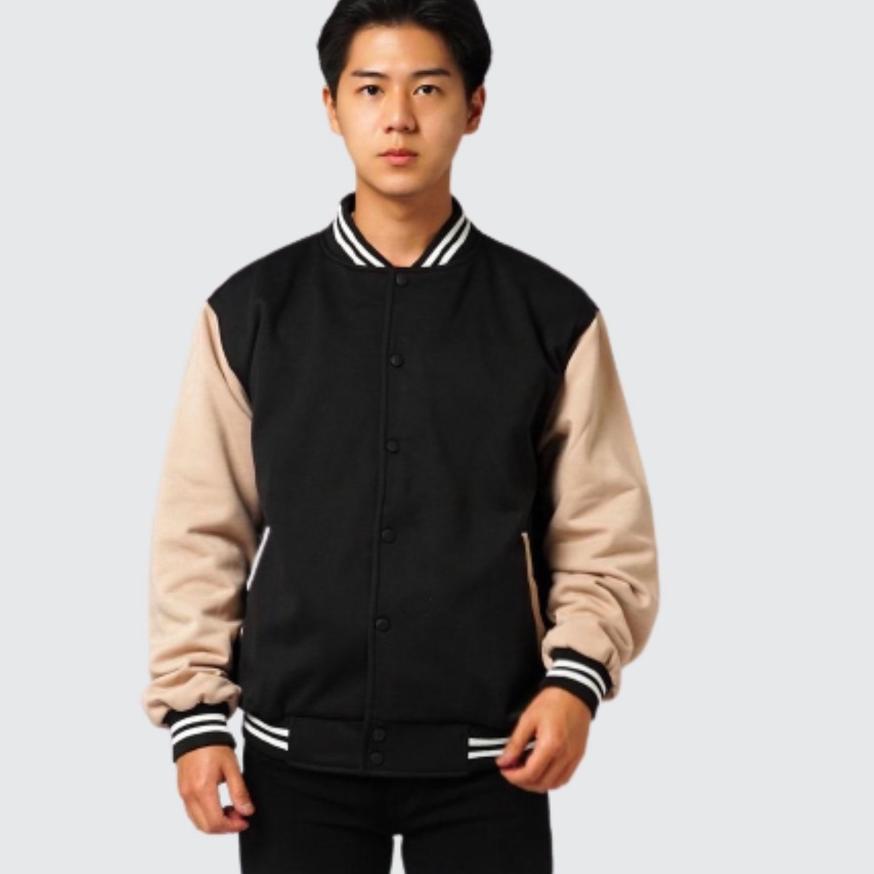 ✨12.12✨ Jacket Pria Bomber Varsity Basic List Cream / Jacket Bomber Varsity / Jaket Pria Original bu