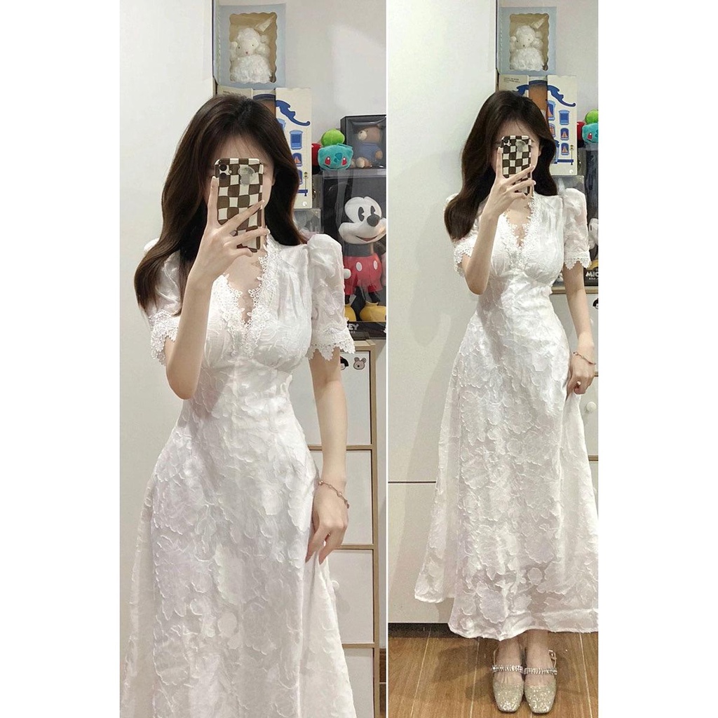 Gaun Lux Entry Perancis Renda Lengan Puff Lembut PutihVDress Wanita Panjang Kerah Elegan Retro