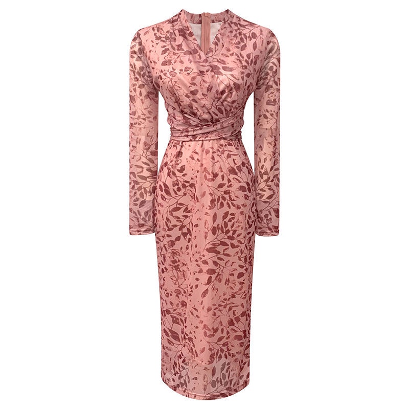 Gaun Merah Muda2023Dress Midi Ketat, Gaun Jala Lengan Panjang Slim-Fit Musim Semi