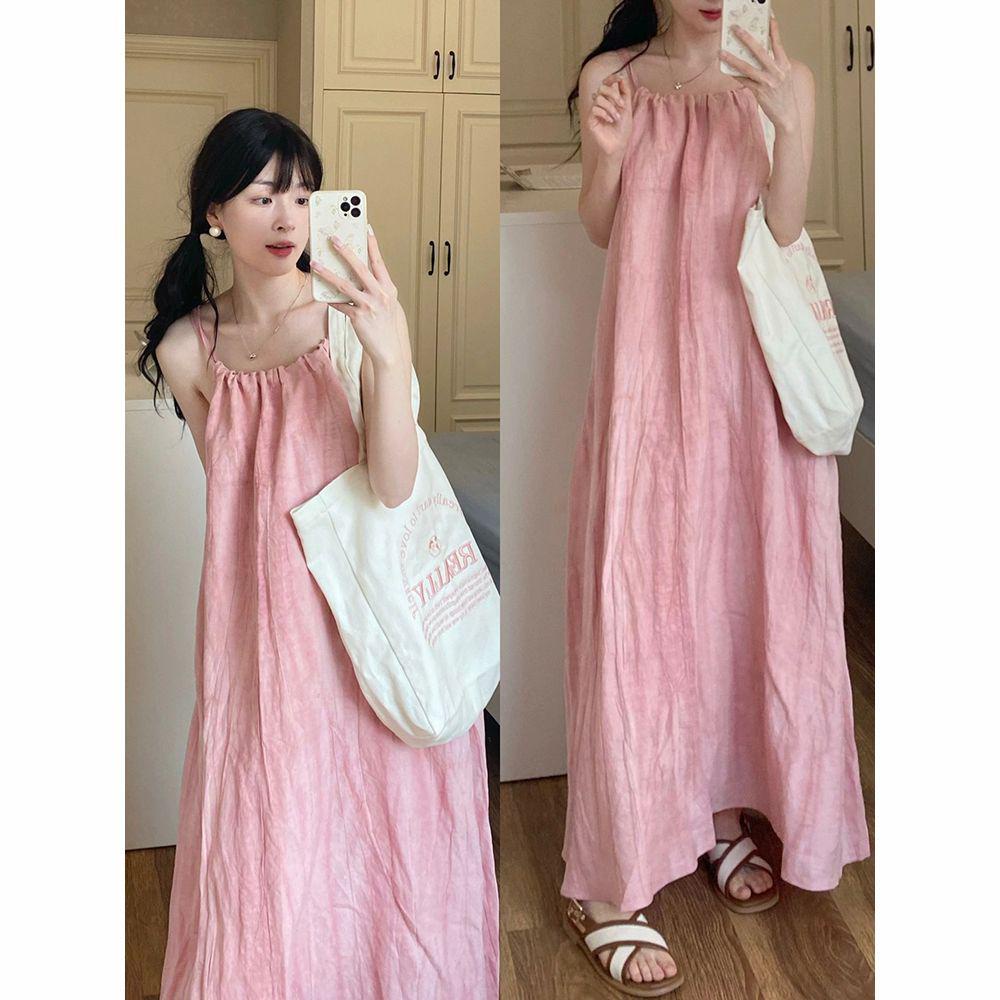 Gaun Suspender Lipit Cantik, Merah Muda untuk Wanita2023Gaun Asli Gaya Korea Musim Panas