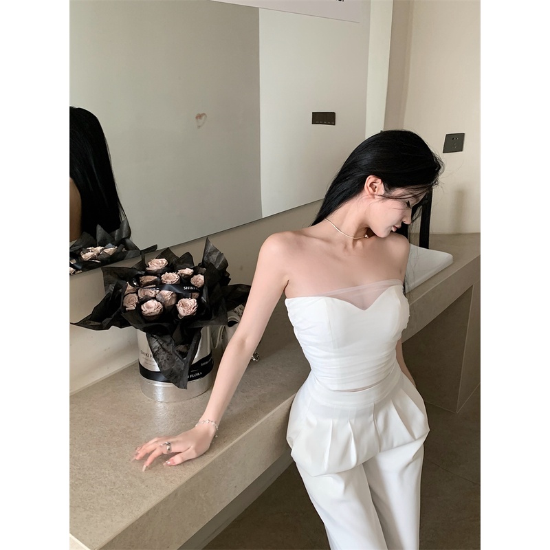 ▨▲celana wanita import sweet hot girl tube top vest top women s summer suit design sense high waist suit trousers casual pants two-piece pants wanita celana highwaist