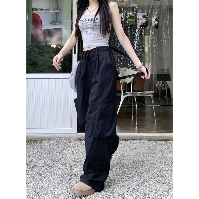 ✢☢∈celana wanita impor hitam amerika overall wanita musim panas high street kasual celana longgar lurus kecil celana slim lebar kaki celana celana wanita celana highwaist