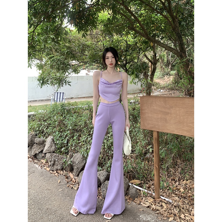 ┋celana wanita import hot girl camisole top women s summer suit small high waist flared trousers mengepel celana two-piece pants wanita celana highwaist