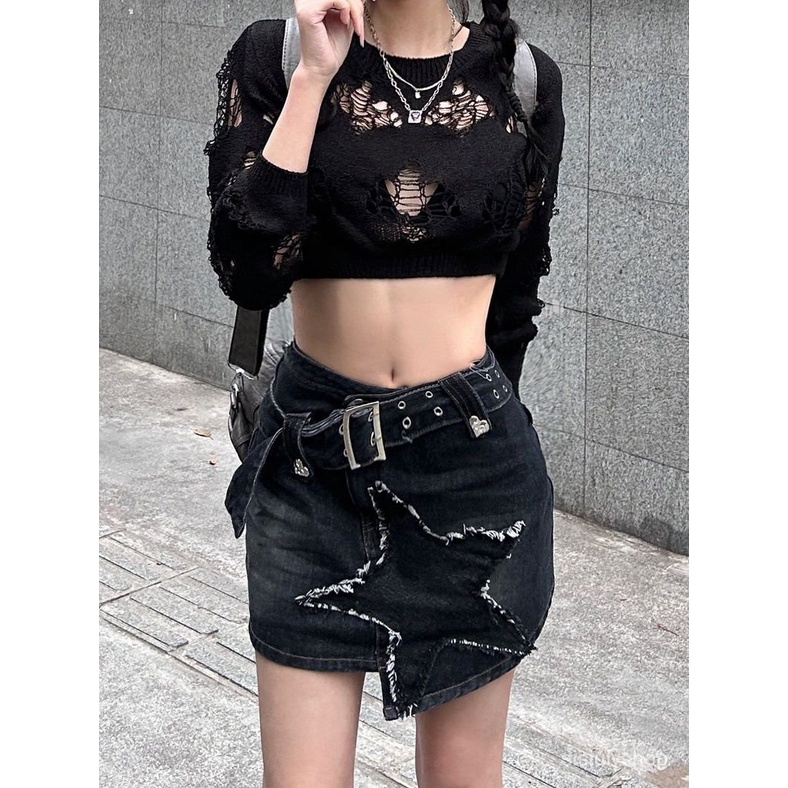 [✅BISA COD] #Sisjuly# Celana pendek denim Y2K wanita / bintang retro bersulam rok denim wanita / pak