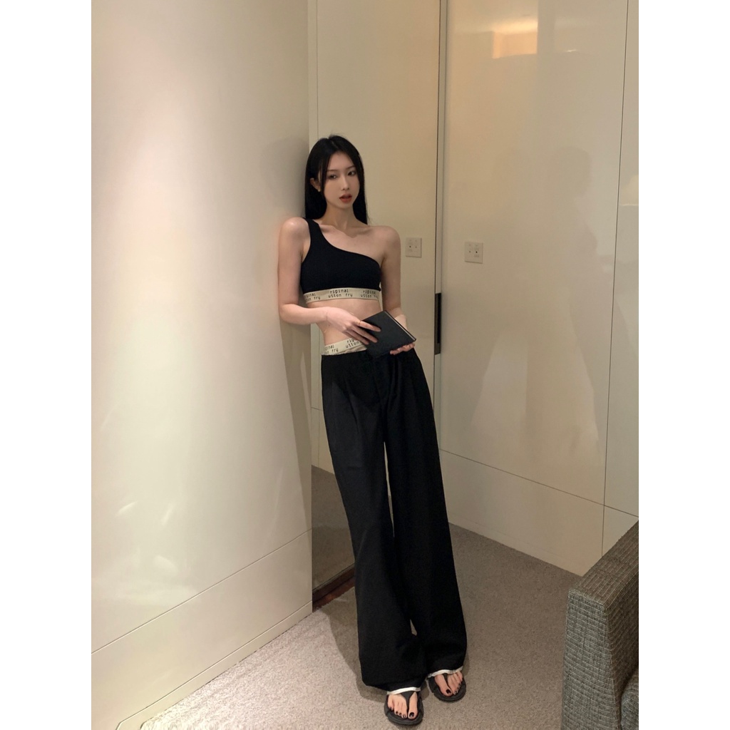 ♛ﺴ▦celana wanita harga murah splicing kontras warna setelan celana wanita musim panas drape longgar celana lurus pinggang tinggi slim kasual lebar kaki mengepel celana celana wanita celana highwaist