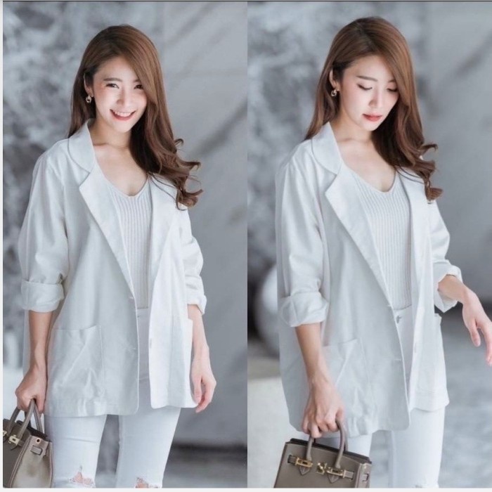 cardigan Outer Casual Wanita Korea Cotton Putih P7B7 Kekinian ala korea panjang Terbaru 2023 Bagus B