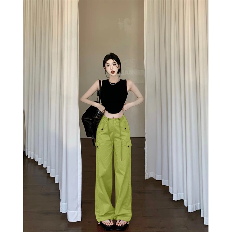 ❃♞celana wanita import mawar merah serut kasual celana wanita musim panas gaya amerika overall pinggang tinggi longgar lurus celana berkelompok celana lebar kaki celana celana wanita celana highwaist