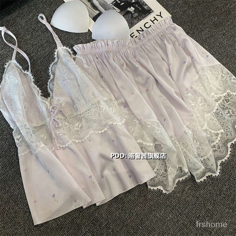 Piyama tulip premium untuk wanita set pakaian santai rompi renda halter halter sutra gaya sutra es