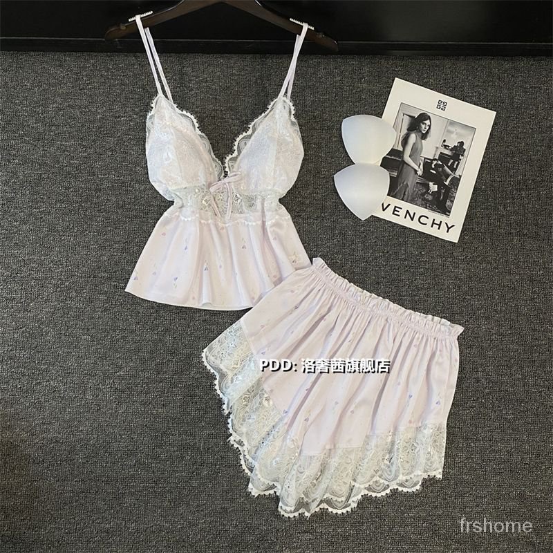 Piyama tulip premium untuk wanita set pakaian santai rompi renda halter halter sutra gaya sutra es