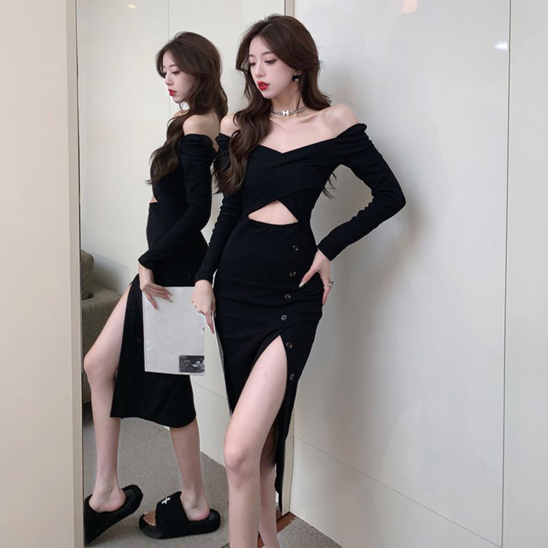 dress floral korea Pure Desire Rok Ketat Hitam Pas Badan, Awal Musim GugurvGaun Lengan Panjang Pusar