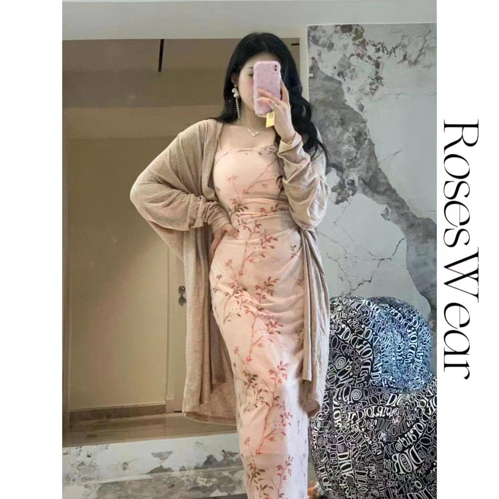 dress floral korea Hangat dan Lembut【Asap dan Hujan Ke Jiangnan】Gaun Retro Setelan Panjang Bunga Mus