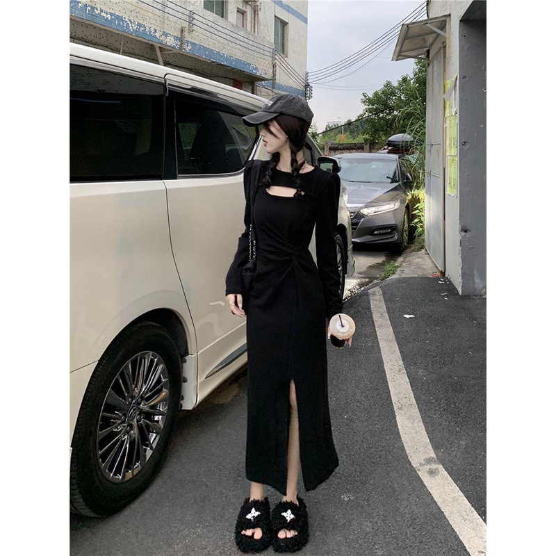 dress floral korea Qizi Gaun Pure Desire Rongga Split2023Dress Wanita Hitam Midi Ketat Pinggang