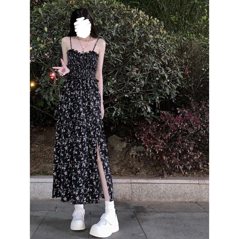 dress floral korea Gaun Shivering Hitam Gaya Perancis Gaun Wanita Dewasa Dingin Tinggi Seperti Wanit