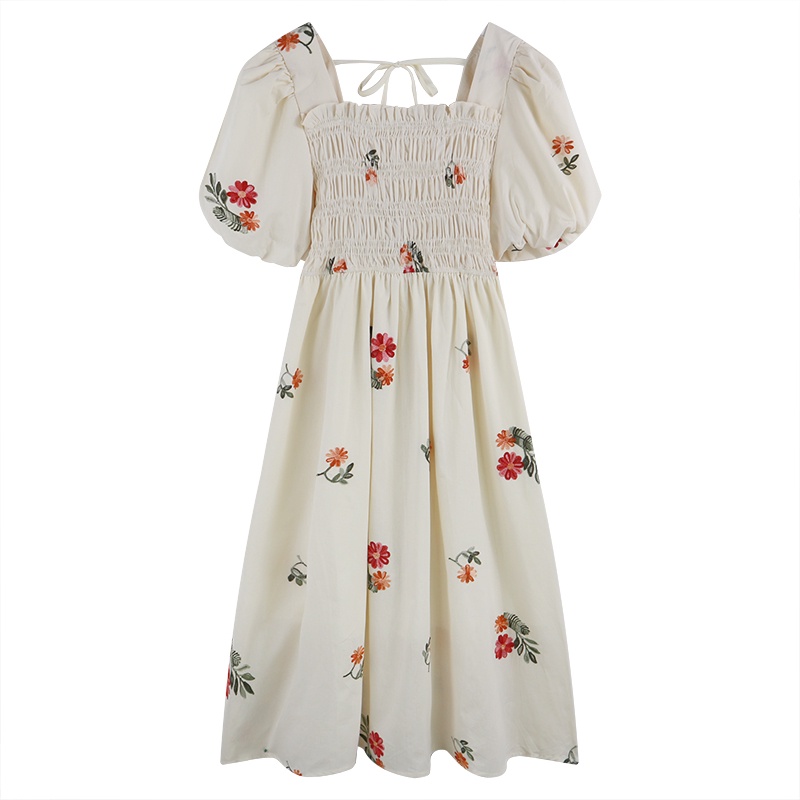 Red Desain Prancis musim panas rasa industri berat bordir pinggang pelangsing rok a-line lengan engah gaun wanita kecil