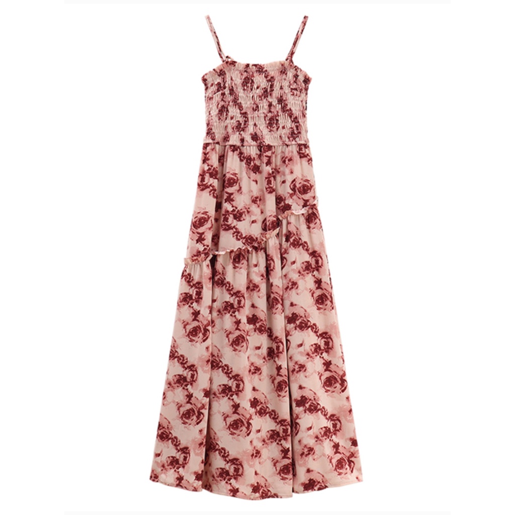 Red French rose print tie dress women s summer 2023 new design sense waist fashion suspender long skirt