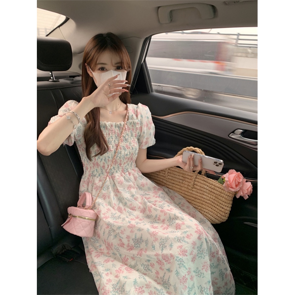 Red Floral square collar dress women s summer 2023 new sweet waist slimming mid-length super fairy first love skirt