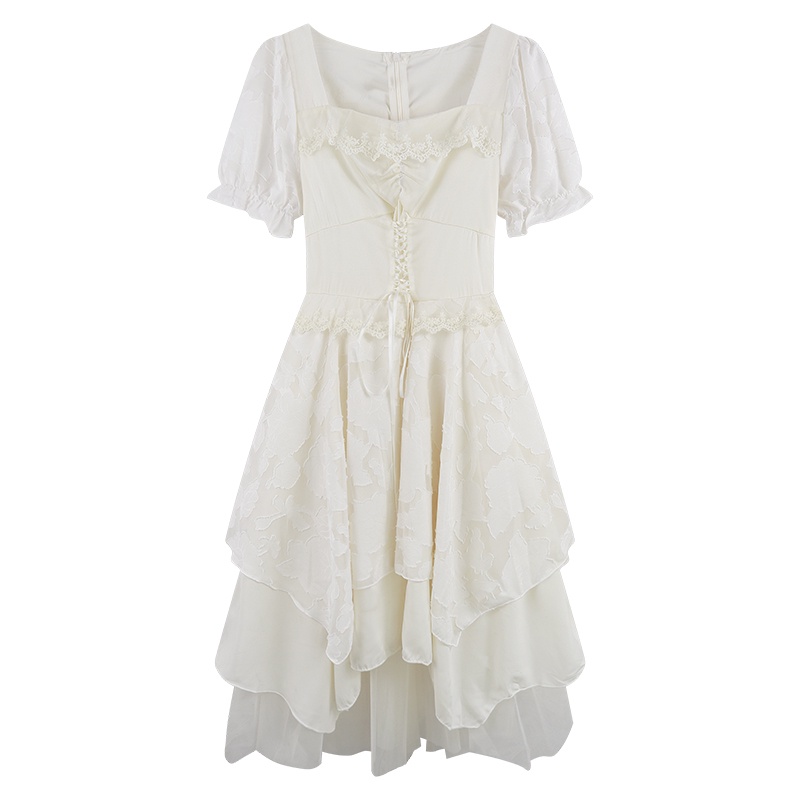 Red Rok wanita musim panas 2023 desain ceruk baru tidak teratur rok panjang istirahat teh Prancis gaun lengan pendek yang manis