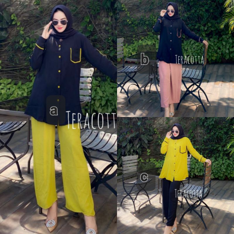 T877 ONE SET ATASAN BLOUSE KEMEJA CELANA PINGGANG KARET COTTON CRINGKEL SALJU IMPORT WANITA MUSLIMAH