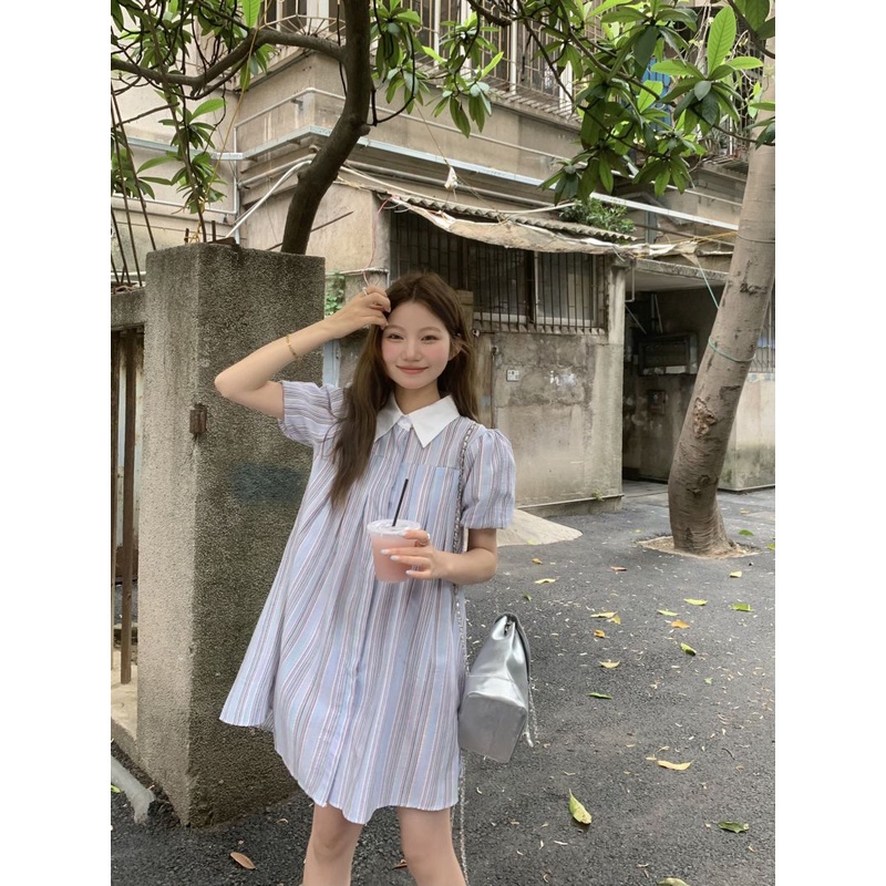 ▬dress summer beach college wind skirt hit color Polo collar striped dress shirt skirt female summer loose small A-line skirt