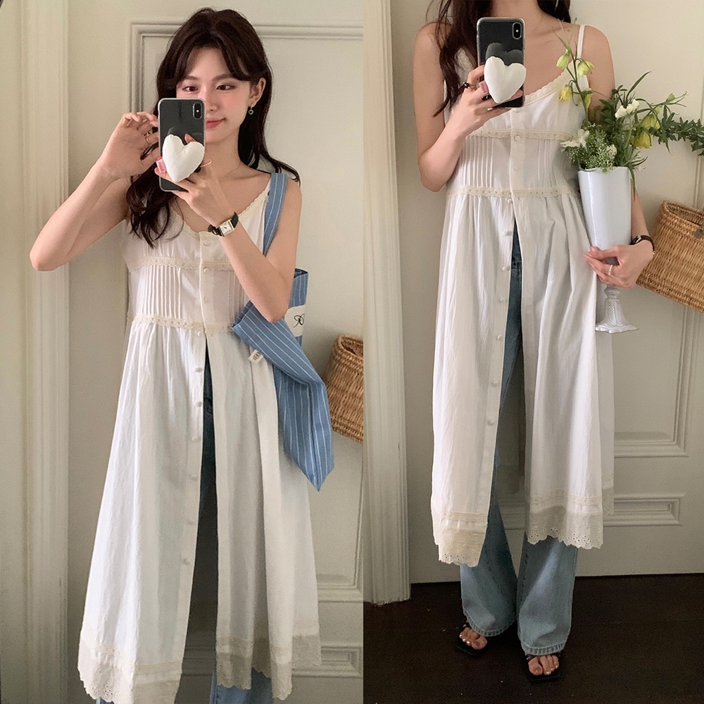 ✠☬▫gaun musim panas pantai Perancis putih suspender gaun wanita musim panas rasa desain renda jahitan mid-panjang rok berlapis rok