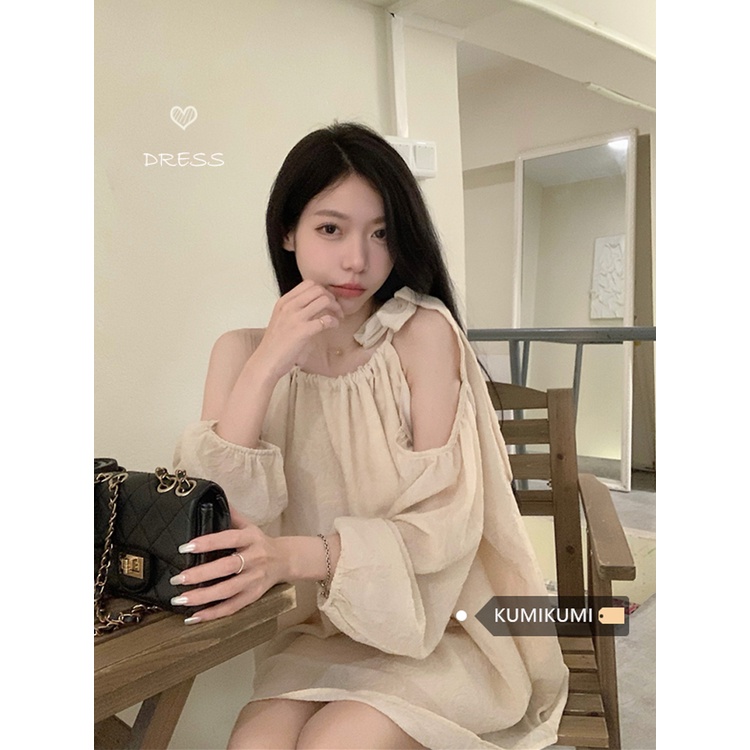 ∋ↂGaun Musim Panas Pantai Bertali Rasa Desain Menggantung Leher Gaun Wanita Musim Semi dan Musim Panas Longgar Slim Off-Shoulder Rok A-line rok Pendek