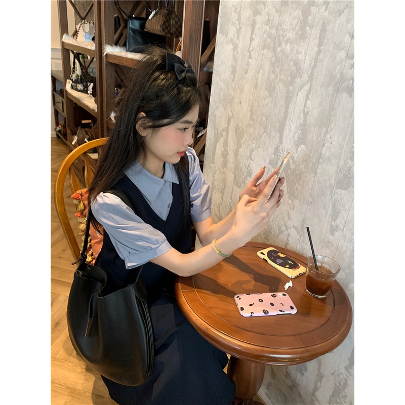 ஐ❀Gaun musim panas pantai biru gaya kuliah Korea gaun musim panas wanita temperamen lembut rok panjang rasa desain ceruk rok dua potong palsu