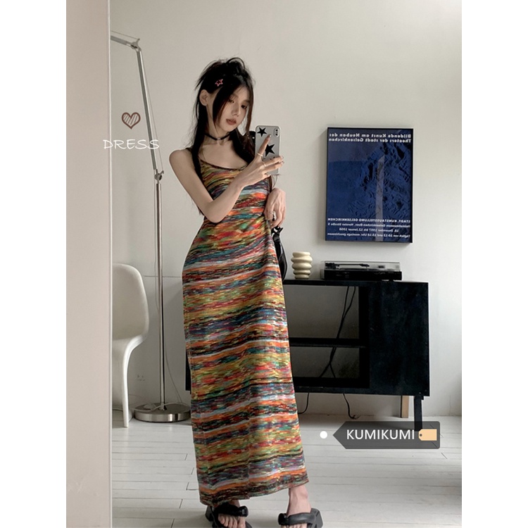 ❇♞❈gaun musim panas pantai retro bergaris tali selempang wanita musim panas ramping temperamen rok panjang Perancis rok rajutan