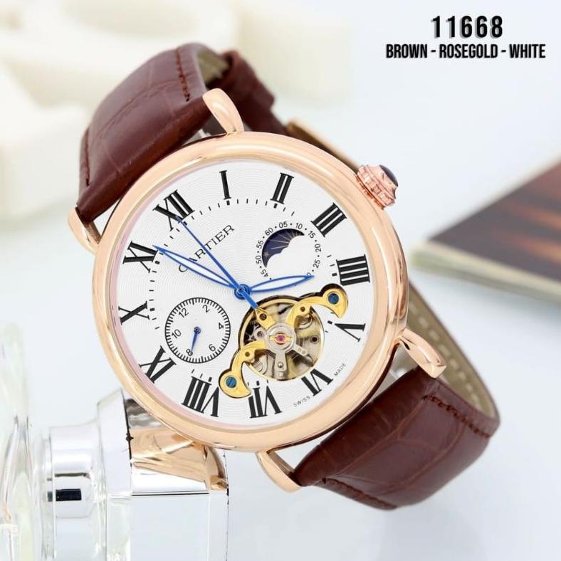 Jam Tangan Pria Analog Otomatis Transparan Tali Kulit /Jam Tangan Pria Otomatis Carter