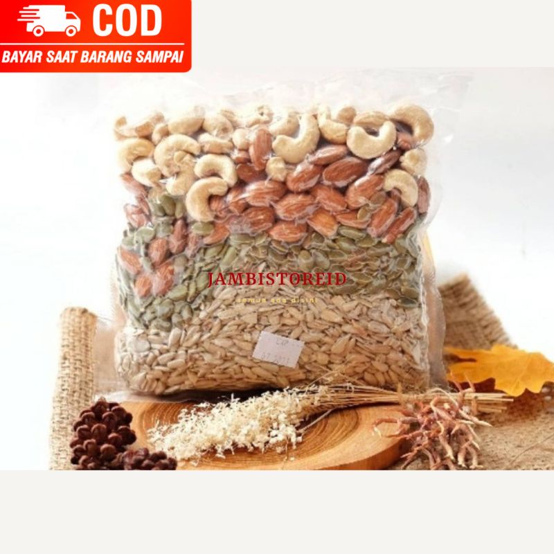 

(JAMBISTOREID) JAMBI LANGSUNG KIRIM Mixed Nuts Seeds 250gram Cemilan Kacang Kenari Mete Mede Almond Biji Labu Kuaci Kwaci Bunga Matahari Campur Sehat Alami Diet Mpasi Anak Tanpa Pengawet Tambahan Gula Garam