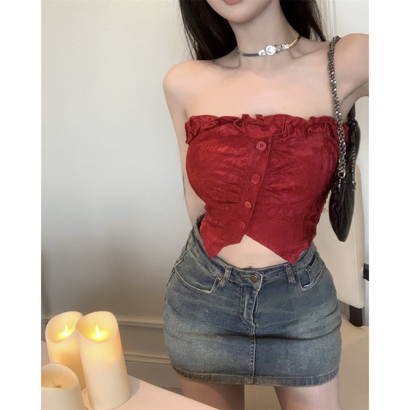 ❖❃☜cropped top hot girl keinginan murni pendek sisi telinga kayu ketat tube top top female red button slit inner vest strap summer #COD